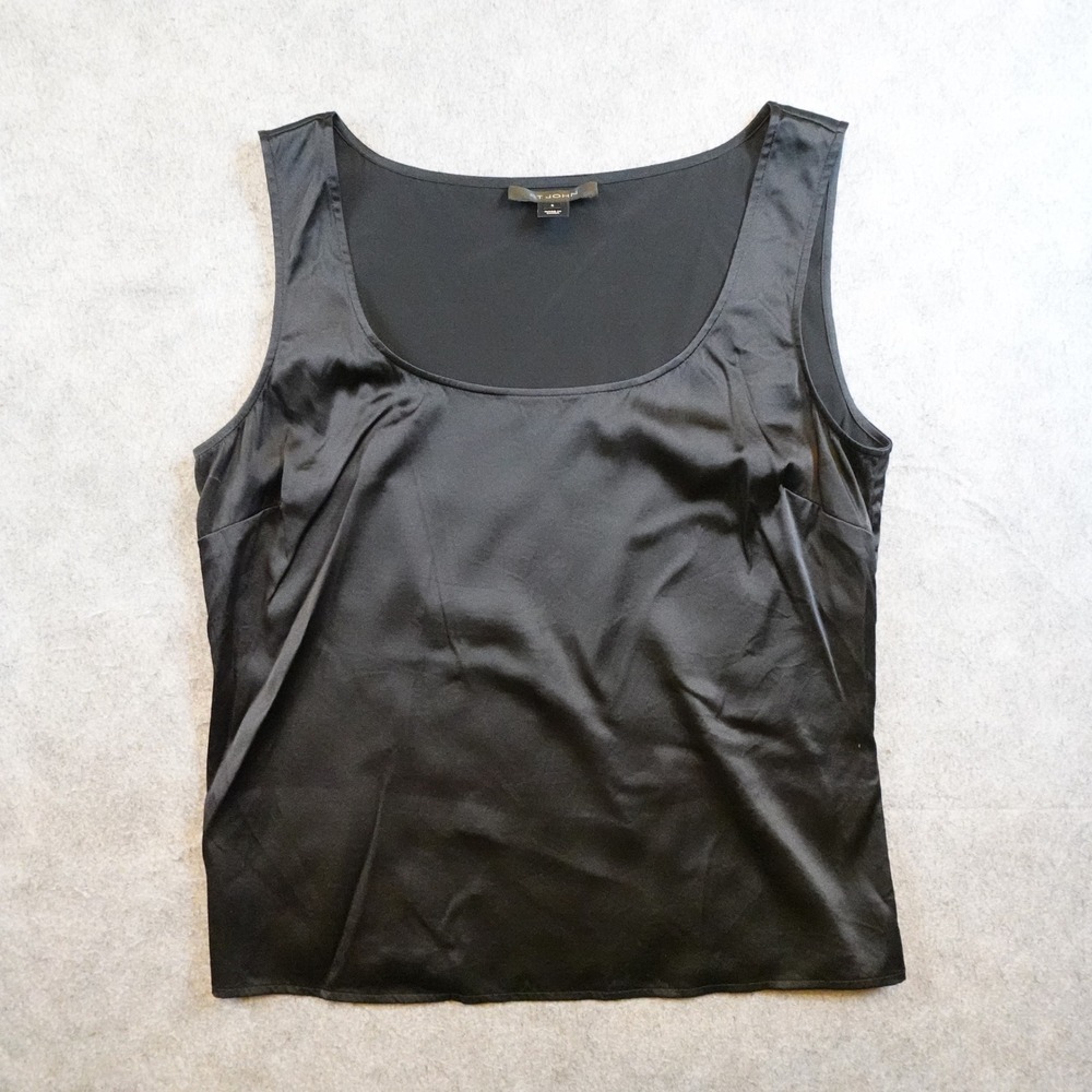 St John Top Women Small Black Silk Sleeveless Scoop Neck Satin Shell Tank